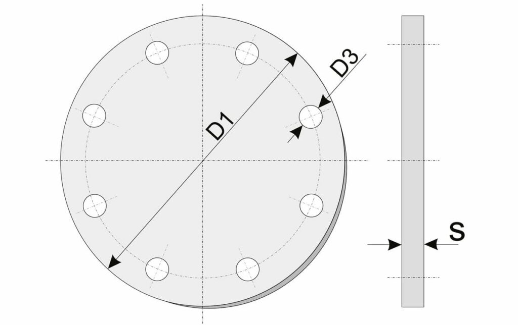 Blind flanges (EN1092-1, DIN 2527, G-AlSi12) - 



DN
D1
D3
S




25 mm
100 mm
4 x 11 mm
14 mm


32 mm
120 mm
4 x 14 mm
14 mm


40 mm
130 mm
4 x 14 mm
14 mm


65 mm
160 mm
4 x 14 mm
14 mm


80 mm
190 mm
8 x 18 mm
16 mm


100 mm
210 mm
8 x 18 mm
16 mm


125 mm
240 mm
8 x 18 mm
18 mm


150 mm
265 mm
8 x 18 mm
18 mm


200 mm
320 mm
8 x 18 mm
20 mm


250 mm
375 mm
12 x 18 mm
22 mm




